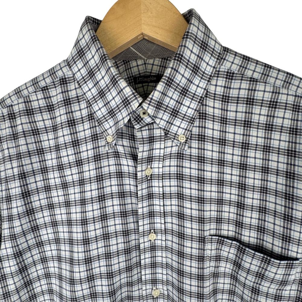 J.McLaughlin Plaid Button Down Shirt Mens L White Navy Blue Cotton Long Sleeve